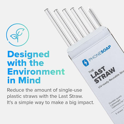 PhoneSoap Last Straw 12" Long Reusable Drinking Straws for Cold & Hot Drinks - Clear Quartz, Dishwasher Safe, Easy to Clean - 5 Pack With Cleaning Brush