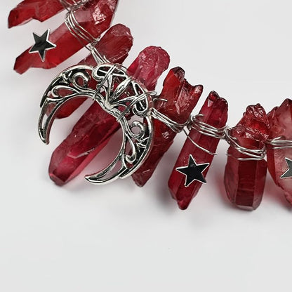 Red Raw Crystal Headband, Tiara Rhinestone Hairband with Star and Moon Fashion Quartz Headwear for Women Girls (red1)