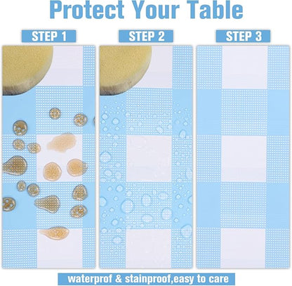 Kesfey 3 Packs Light Blue Gingham Tablecloth Pale Blue and White Checkered Tablecloths 54 x 108 Inches Disposable Plastic Gingham Tablecovers Waterproof Rectangle Picnic Table Cover for Birthday Party