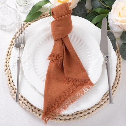 12 Pack Terracotta Cotton Linen Napkins with Fringe Christmas Cloth Napkins Set of 12 Boho Handmade Holiday Napkins Bulk for Wedding Baby Shower Parties, 17 x 17 Inches