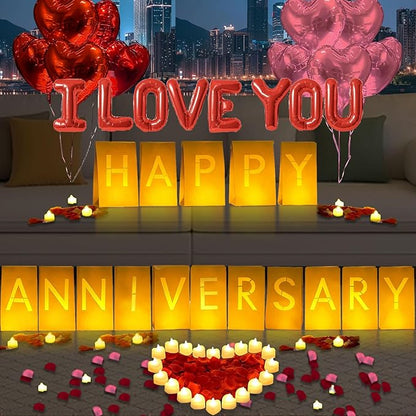 Happy Anniversary Lighted Letters Sign 16pcs Luminary Paper Bags 2000pcs Red Pink Rose Petals 48pcs Flameless LED Candle Tealight 10pcs Heart Balloons Romantic Night Valentine's Day Decorations