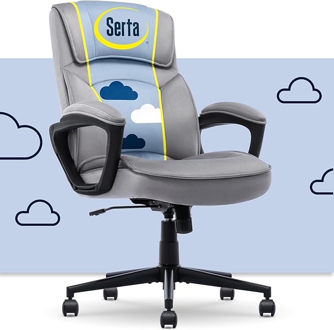 Serta Comfort Classic Executive Office Chair, Ergonomic Mid-Back Computer DeskChair with Lumbar Support, Semi-Plush Cushion and Body Pillows, Padded Armrests, Swivel Base, Gray Velvet Fabric