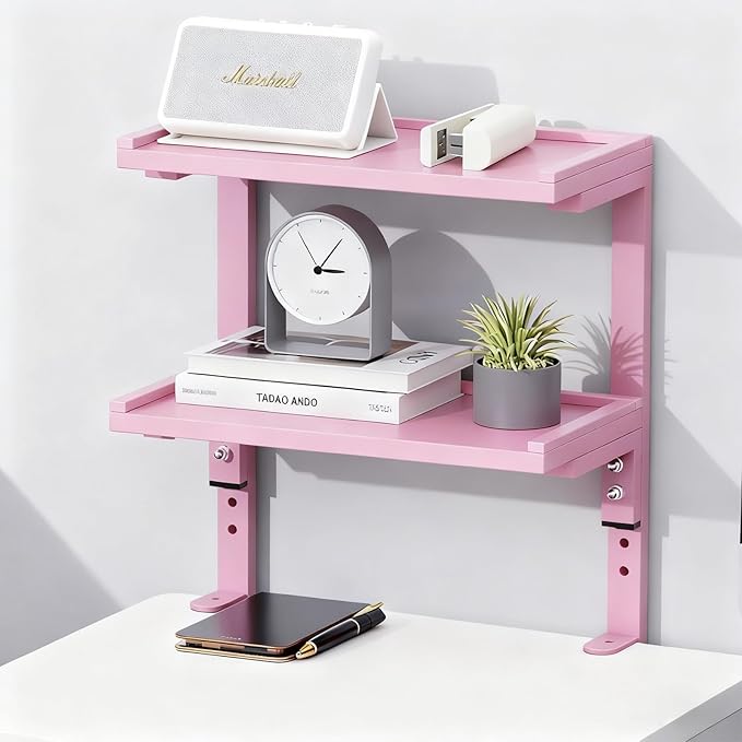 2-Tier Desk Shelf, Expandable Under Desk Storage, Clamp on Desk Shelf, Desktop Accessories for Offices, Study Rooms, and Game Rooms (Pink)