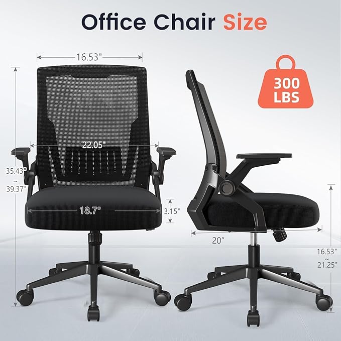 GTPLAYER Ergonomic Office Chair with Flip-up Armrests Executive Computer Chair for Home Office, Breathable Mesh & Comfy Lumbar Support, Black