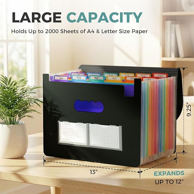SKYDUE Accordion File Organizer, 12 Pockets File Folders, Letter Size Expanding File Folder with Colored Tabs and Expandable Cover, Portable Bill Receipt Organizer Black