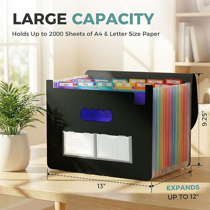 SKYDUE Accordion File Organizer, 12 Pockets File Folders, Letter Size Expanding File Folder with Colored Tabs and Expandable Cover, Portable Bill Receipt Organizer Black
