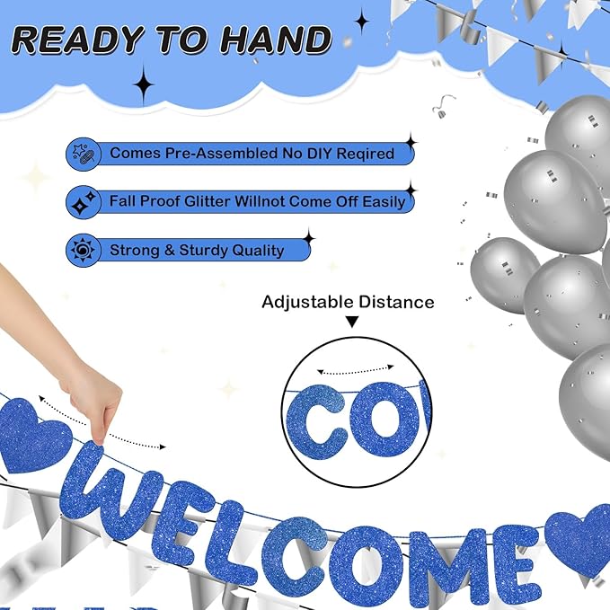 Fulmoon Pre Strung Welcome to The Team Banner with Two Heart Signs, NO DIY, Glitter Welcome Party Supplies for New Employee, Coworker, Colleague, Staff, Team Member Office Decorations(Navy Blue)