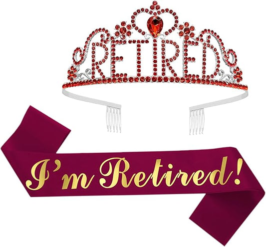JETKONG Retirement Party Decorations Retired Tiara/Crown, Retired Sash for Women Retirement Gifts, Retirement Party Supplies, Gifts, Favors (Burgundy Red)