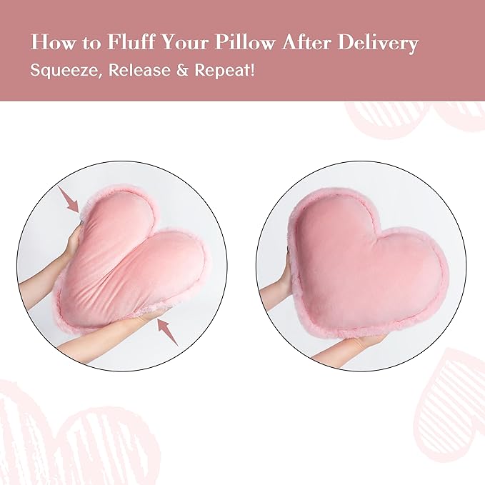 AELS Heart Shaped Pillow, Set of 2, Heart Decorative Throw Pillows, Soft Velvet Love Pillows with Faux Fur Fringe, Cute Pillow 20 & 16 Inches, Valentines Day Decorations, Wedding Decor, Pink