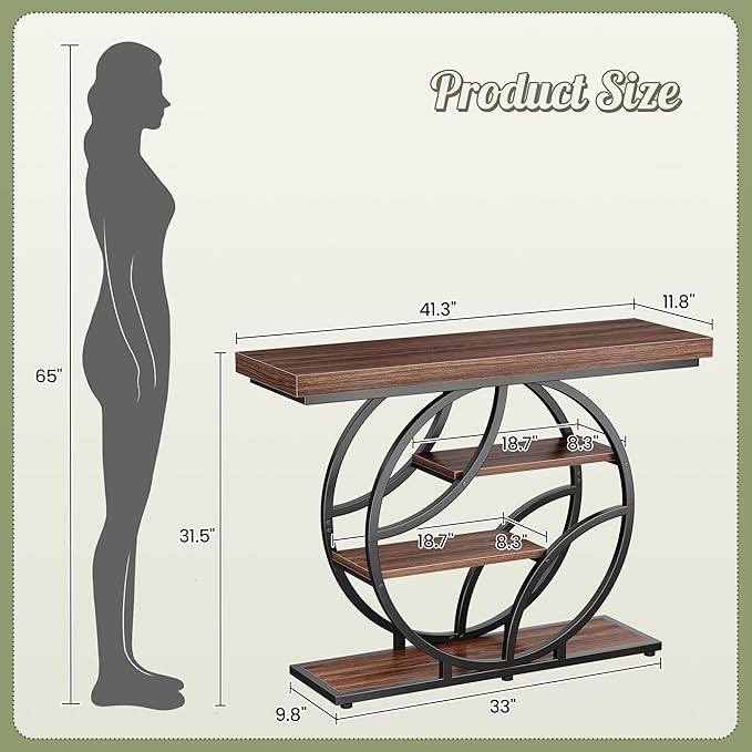 Huuger 41.3 Inch Entryway Table, Modern Console Sofa Table, Accent Table with Shelves, for Entry, Hallway, Entrance, Foyer, O-Shaped Metal Frame, Dark Walnut