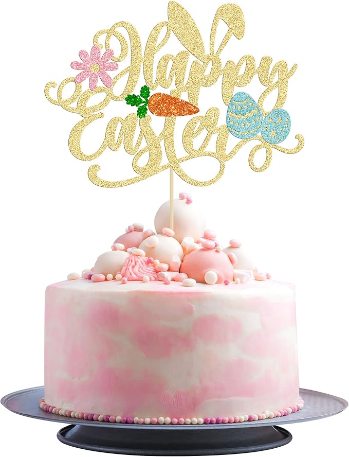 Ephlyn Easter Happy Birthday Cake Topper, 1Pc Glitter Carrot Egg Bunny Rabbit Cake Decorations for Kids Birthday Party Supplies