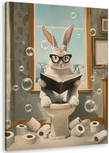 TLESKE Funny Bathroom Bunny Rabbit Wall Art Decor 11x14, Bunny Rabbit Sitting on Toilet Canvas Wall Art Print for Bathroom, Easter Bunny Wall Artwork Picture