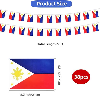 Philippines Small String Flags, 50 Feet 38 Pcs Filipino Pennant Banner Bunting Flags, Patriotic Events, Independence Day, Country Festival, Commemoration, Decorations (Philippines)