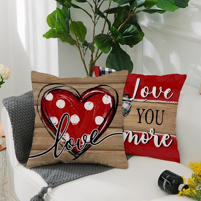 GEEORY Valentine's Day Love You More Hugs and Kisses Throw Pillow Covers 18x18 Inch Set of 4, Red Hearts Stripes Decorative Farmhouse Wedding Cushion Case for Home Decoration G652-18