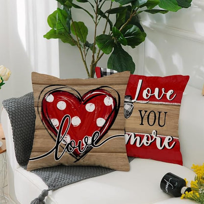 GEEORY Valentine's Day Love You More Hugs and Kisses Throw Pillow Covers 18x18 Inch Set of 4, Red Hearts Stripes Decorative Farmhouse Wedding Cushion Case for Home Decoration G652-18