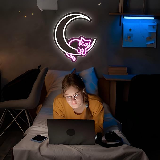 Moon Cat Neon Sign Girl Room Decor Led Neon Lights Signs for Wall Decor USB Powered Led for Room Decoration