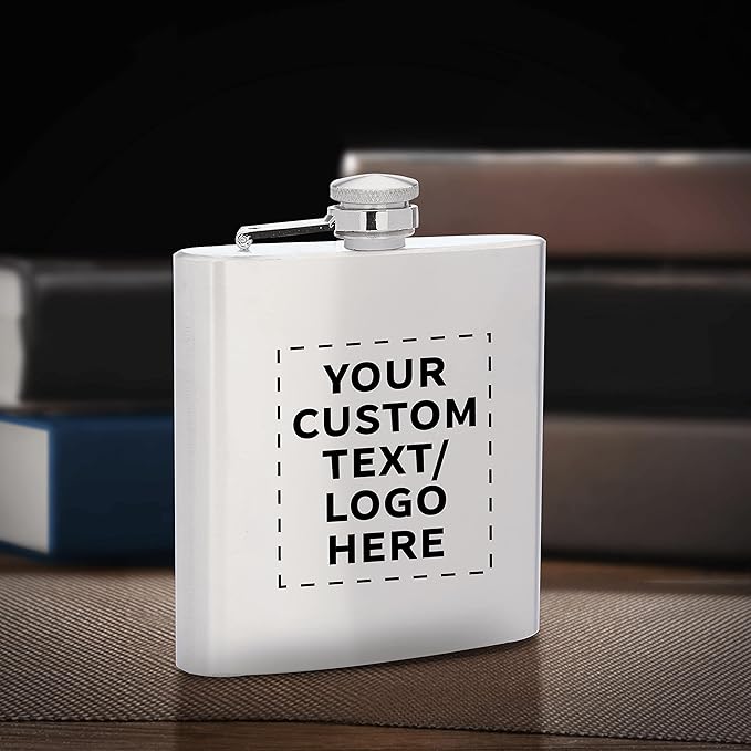 Custom Murano Stainless Steel Hip Flasks 6 oz. Set of 10, Personalized Bulk Pack - Screw on Cap, Great for Wedding Party Gifts, Groomsmen Gifts, Outdoor Activities - Silver