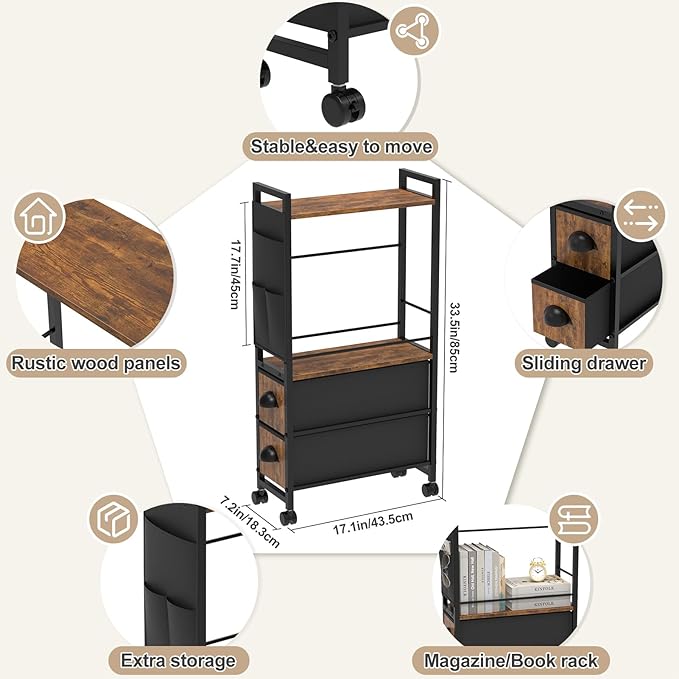 Small Narrow Side End Table, 2 Drawer Slim Nightstand Bedside Sofa Table with Wheels, Space Saving Rolling Skinny Thin Desk with Storage Bag for Bedroom Living Room Couch Bathroom Dorm