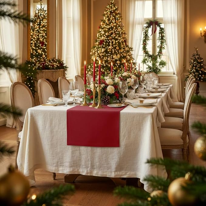 D'Moksha Homes Linen Red Table Runner 120 Inches Long - 100% Pure Linen Dining Table Runner 14 x 120 Inch for Winter, Christmas, Holiday - Machine Washable
