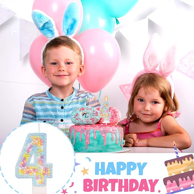 Birthday Candles - Number 4 Candle, Colorful Macaron Candles for Boys/Girls, Blue Cake Decorations, Blue Birthday Decorations