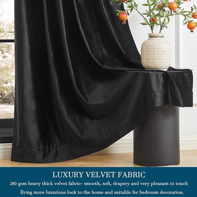 PRIMROSE Black Curtains 72 inch for Living Room Velvet Drapes Blackout Rod Pocket Back Tab Window Treatment Semi Room Darkening Decor Curtains for Bedroom Set of 2 Panels