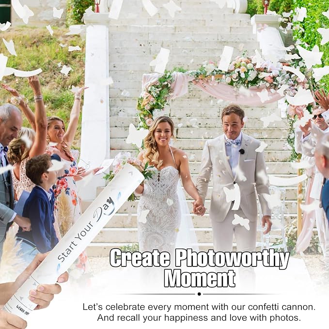 White Butterfly Confetti Poppers, 15 Inch Butterfly Party Poppers for Birthday, Wedding, Halloween Celebrations - Air Powered Confetti Gun