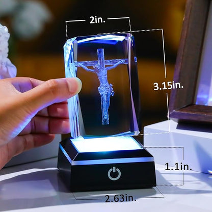 Movdyka 3D Jesus Cross Crystal Figurine with Colorful LED Light Base - Religious Night Light, Perfect Christian Gift for Women Men Christmas, Easter & Home Decor
