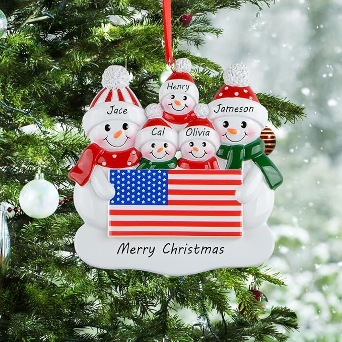 MAXORA Personalized Patriotic Snowman Family of 5 Ornament – Customizable Christmas Decoration with USA Theme, Family Names Customized, for American Homes