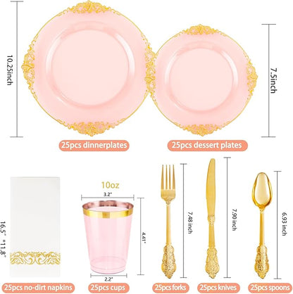 Hioasis 175pcs Clear Pink Plastic Plates - Elegant Disposable Dinnerware Set Suitable for 25 Guests Include 10.25" Dinner & 7.5" Dessert Plates, Cutlery, Napkins, Cups for Party & Wedding