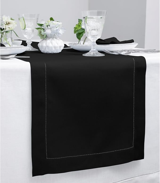Solino Home Linen Black Table Runner 120 Inches Long - 100% Pure Linen 14 x 120 Inch Table Runner for Fall, Autumn, Holiday, Christmas, New Year - Classic Hemstitch