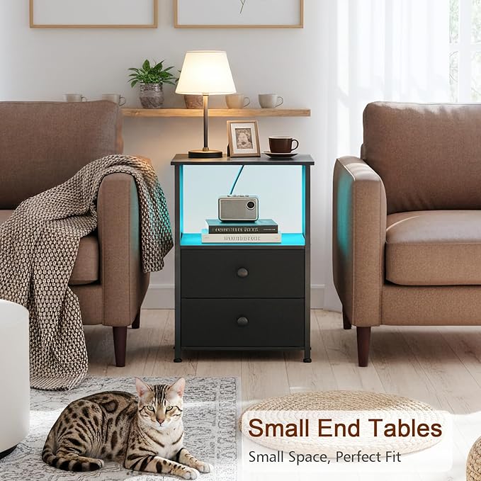 Night Stand Set 2, LED Nightstand with Charging Station, End Tables with Storage Shelf, Bed Side Table with 2 Fabric Drawers for Bedroom, Small Spaces, Black, HETS02BK