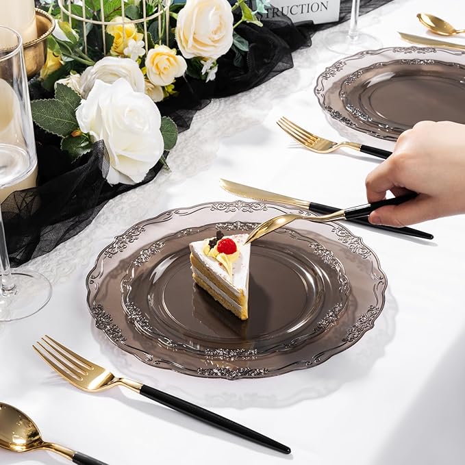 U-QE 100PCS Clear Black Plastic Plates - Heavy Duty Black Disposable Plates Including 50PCS 10'' Dinner & 50PCS 7.5'' Dessert Plates -Hard Plastic Platos for Halloween & Party & Wedding