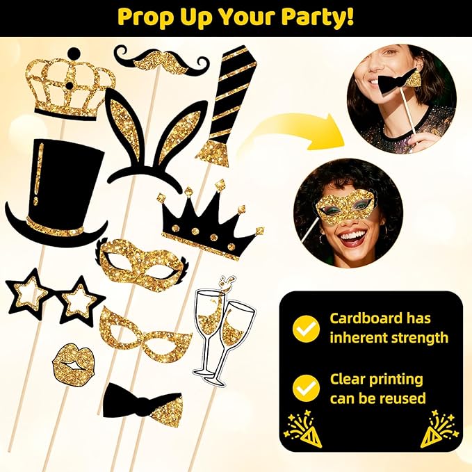 24PCS Gold and Black Photo Booth Props Set, Funny Photobooth Props Kit for Birthday Wedding Graduation New Year Party Celebration Decoration Supplies