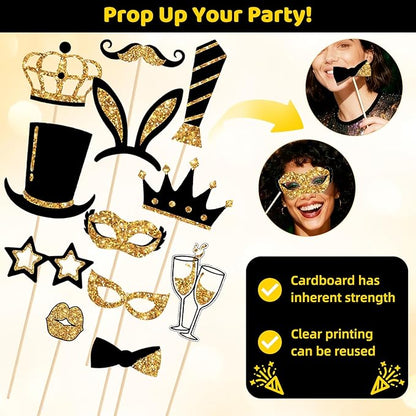 24PCS Gold and Black Photo Booth Props Set, Funny Photobooth Props Kit for Birthday Wedding Graduation New Year Party Celebration Decoration Supplies