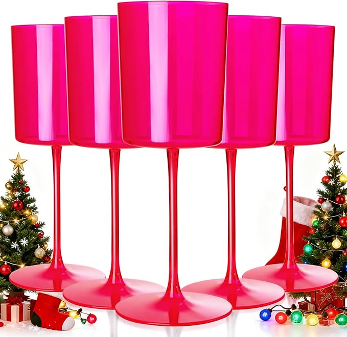 Ciaell 12 Pack Plastic Wine Glasses - 14Oz Hot Pink Plastic Wine Glasses With Stem - Disposable Stemmed Cups for Parties & Weddings
