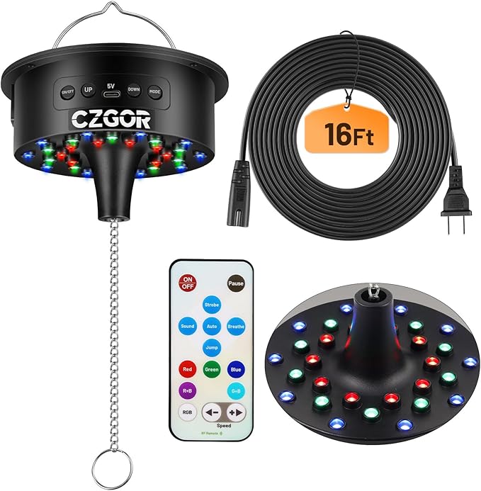 Disco Ball Motor with Light with Remote, Rotating 0/3/6/9/12/15 RPM Adjustable Speed, 16ft Detachable Power Cable/Battery/USB-C Power Mode, Supports 4'' - 16'' Mirror Balls for Party Christmas Wedding