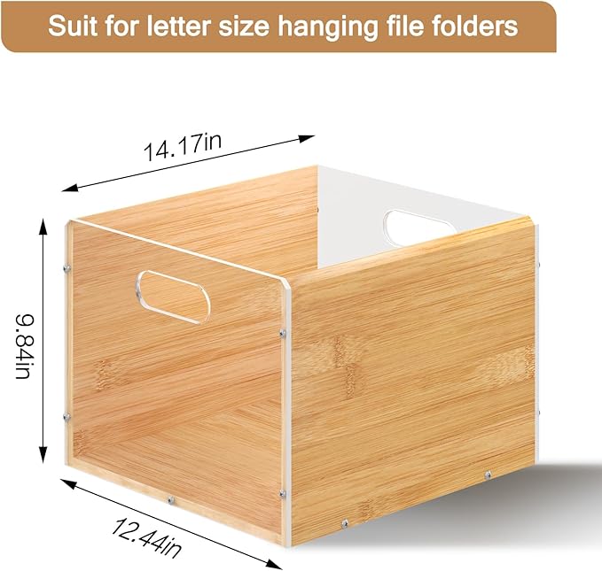 Hanging File Organizer, Clear Acrylic File Box Organizer, Bamboo Filing Box File Crate Organizer Storage Boxes, Portable Filing Folder with Handle for Letter Size