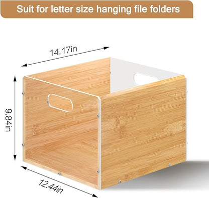 Hanging File Organizer, Clear Acrylic File Box Organizer, Bamboo Filing Box File Crate Organizer Storage Boxes, Portable Filing Folder with Handle for Letter Size