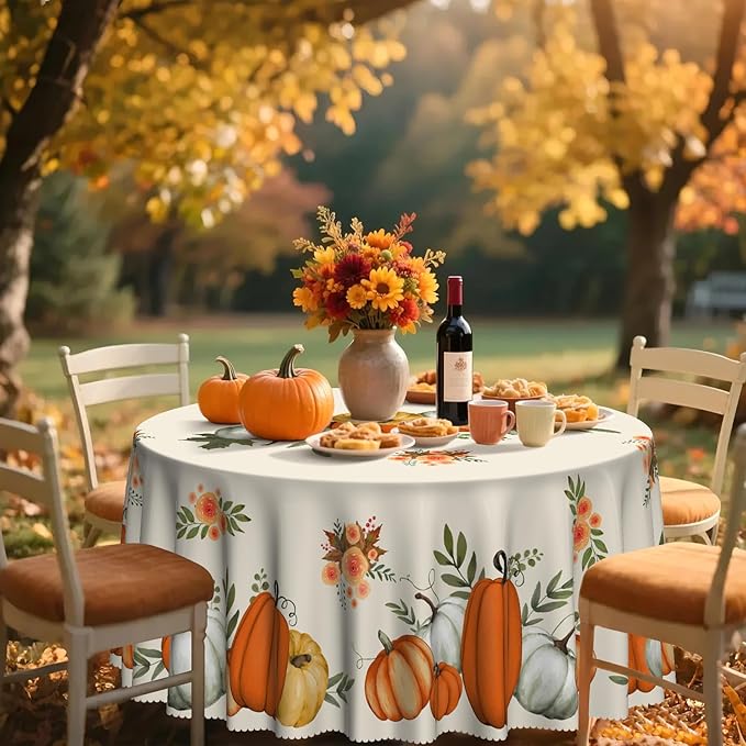 Eikione Fall Tablecloth 60Inch, Round Pumpkin Tablecloth, Thanksgiving Table Cover for Party Dining Picnic Table Decorations