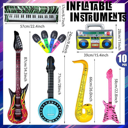 10 Pieces Inflatable Instruments Party Props Set Photo Booth Props Inflatable Guitar Saxophone Bass Lute Microphone Recorder Piano Theme Party Rock Toys Decorated Vintage Period Party
