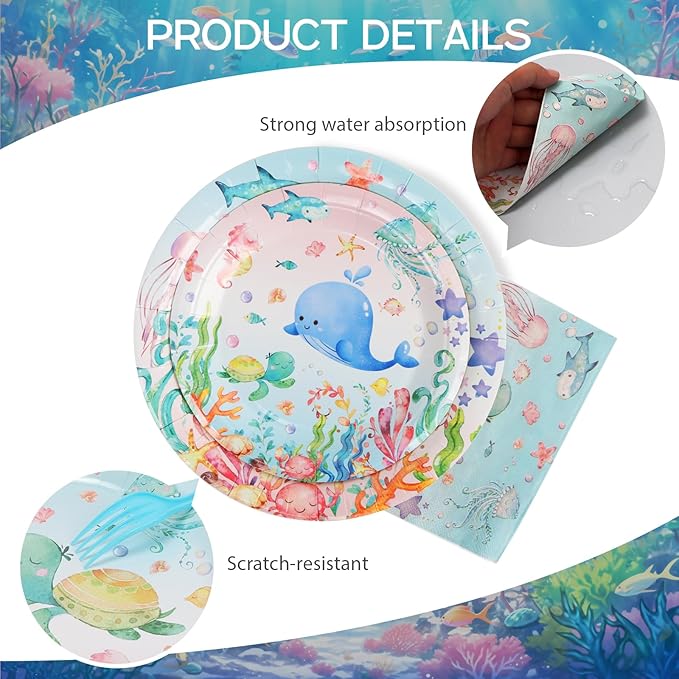 96pcs Paper Plates, Under the Sea Animals Party Plates and Napkins Forks Ocean Themed Disposable Tableware Set for 24 Guests Baby Shower Picnic Kids Birthday Party Supplies Decorations