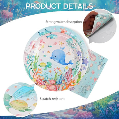 96pcs Paper Plates, Under the Sea Animals Party Plates and Napkins Forks Ocean Themed Disposable Tableware Set for 24 Guests Baby Shower Picnic Kids Birthday Party Supplies Decorations
