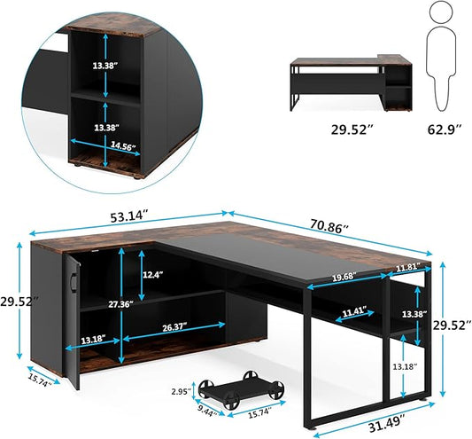 Tribesigns 71 inch Executive Desk, L Shaped Desk with Cabinet Storage, Executive Office Desk with Shelves, Business Furniture Workstation for Home Office, Brown and Black