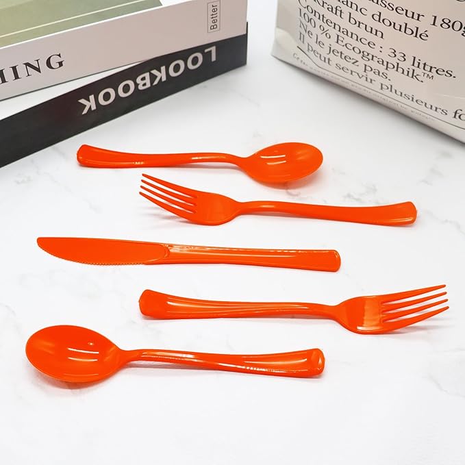 300 Pack Orange Plastic Silverware, Orange Plastic Cutlery Includes 100 Forks, 100 Spoons, 100 Knives for Birthday, Fall Party, Halloween, Thanksgiving