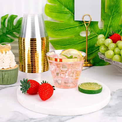 WELLIFE 120 PCS Gold Plastic Cups,9 oz Clear Plastic Cups,Disposable Wine Glasses for Party and Christmas