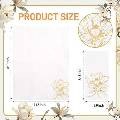 50 Pack Gold Magnolia Napkins - Gold Floral Disposable Napkins - Cloth-Like Feel Dinner Paper - Retro Heavy Duty Hand Towels for Bathroom Wedding Holiday Party Bridal Decorative Towels