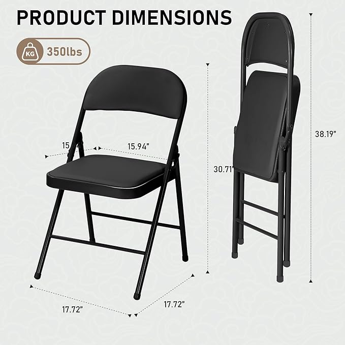 SEALAMB 4 Pack Black Folding Chairs with Padded Seats & Cushion, Durable Metal Foldable Chairs for Wedding Party, Commercial Chairs for Office School Church Events, 330lb Capacity (Black-PU, 4 Pack)