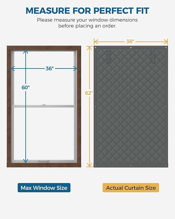 2 Pack Window Insulation for Winter, Curtain Size 38 x 62 Inch, Thermal Insulated Window Cover with Oxford Cloth Thicken Cotton Filled, Fits up to 3 x 5 Ft Windows , Grey