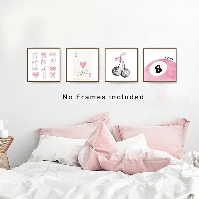 okaxscm Pink Coquette Trendy Preppy Wall Art Prints Set of 4, Coquette Room Decor, Preppy Room Decor Aesthetic, Pink Bow Disco 8 Ball Cherry Wall Decor Posters for Girls Bedroom Dorm, 10x10 Unframed