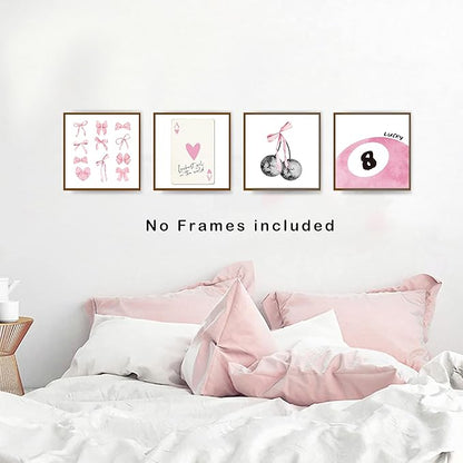 okaxscm Pink Coquette Trendy Preppy Wall Art Prints Set of 4, Coquette Room Decor, Preppy Room Decor Aesthetic, Pink Bow Disco 8 Ball Cherry Wall Decor Posters for Girls Bedroom Dorm, 10x10 Unframed